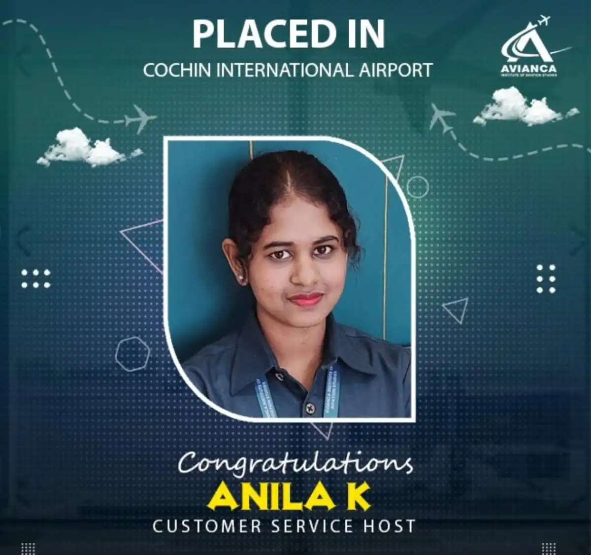 Anila K placed in Cochin International Airport from Avianca Aviation Institute Kochi