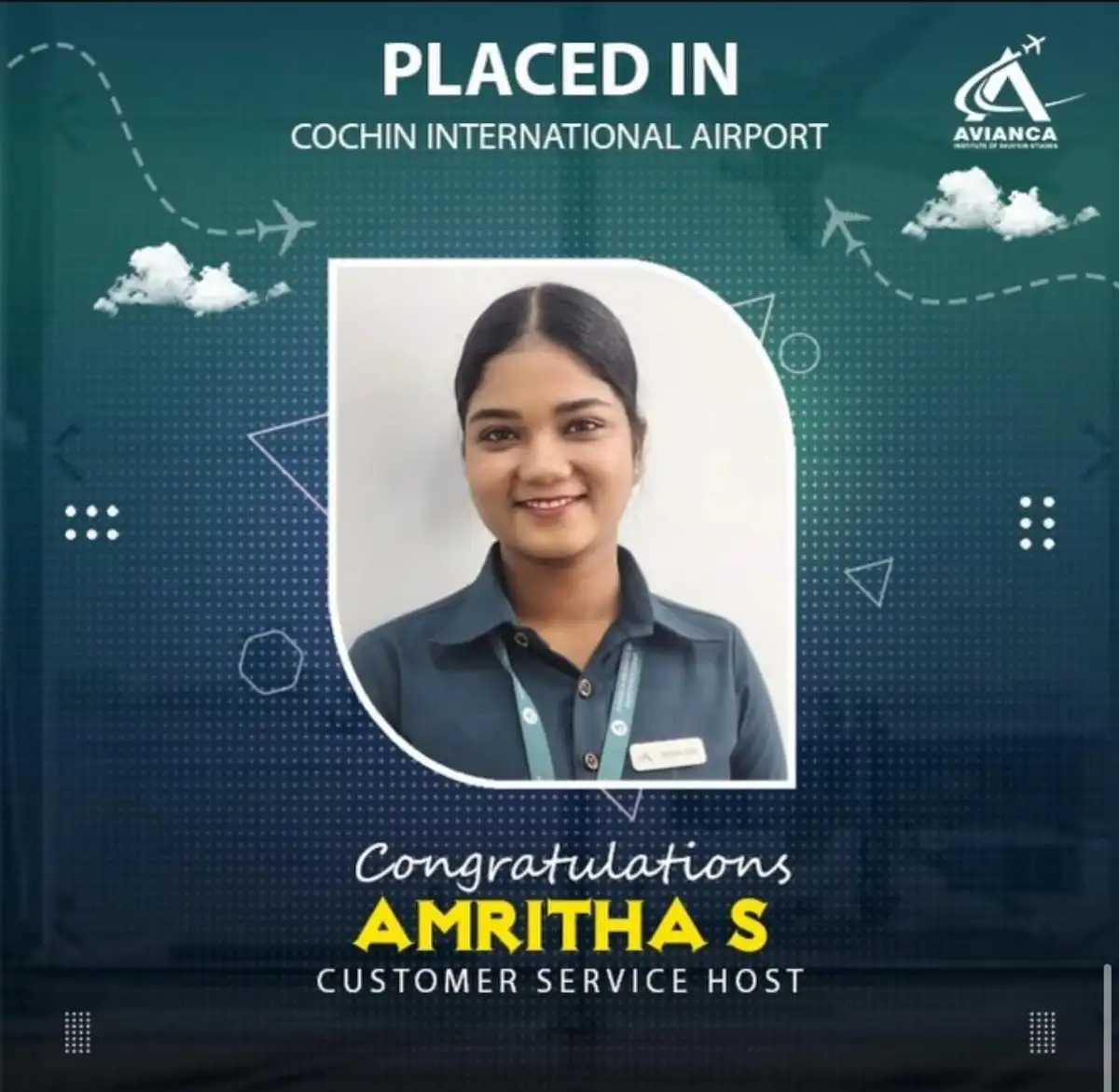 Amritha S placed in Cochin International Airport from Avianca Aviation Institute Kochi