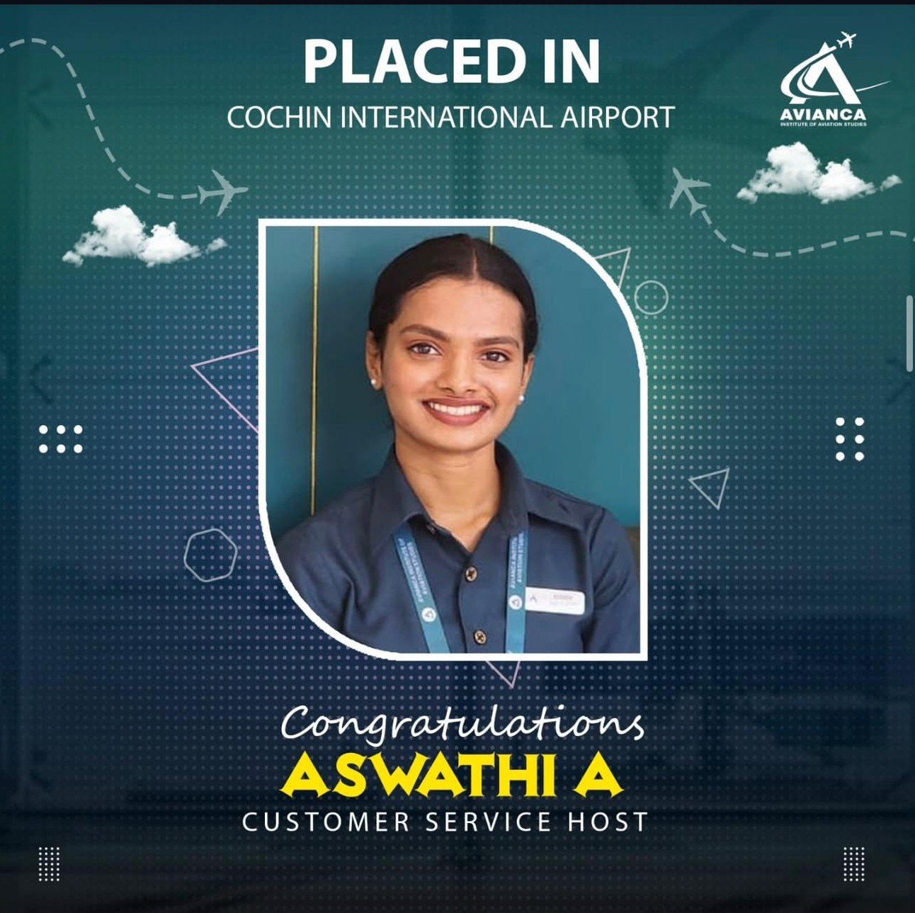 Aswathi A placed in Cochin International Airport from Avianca Aviation Institute Kochi