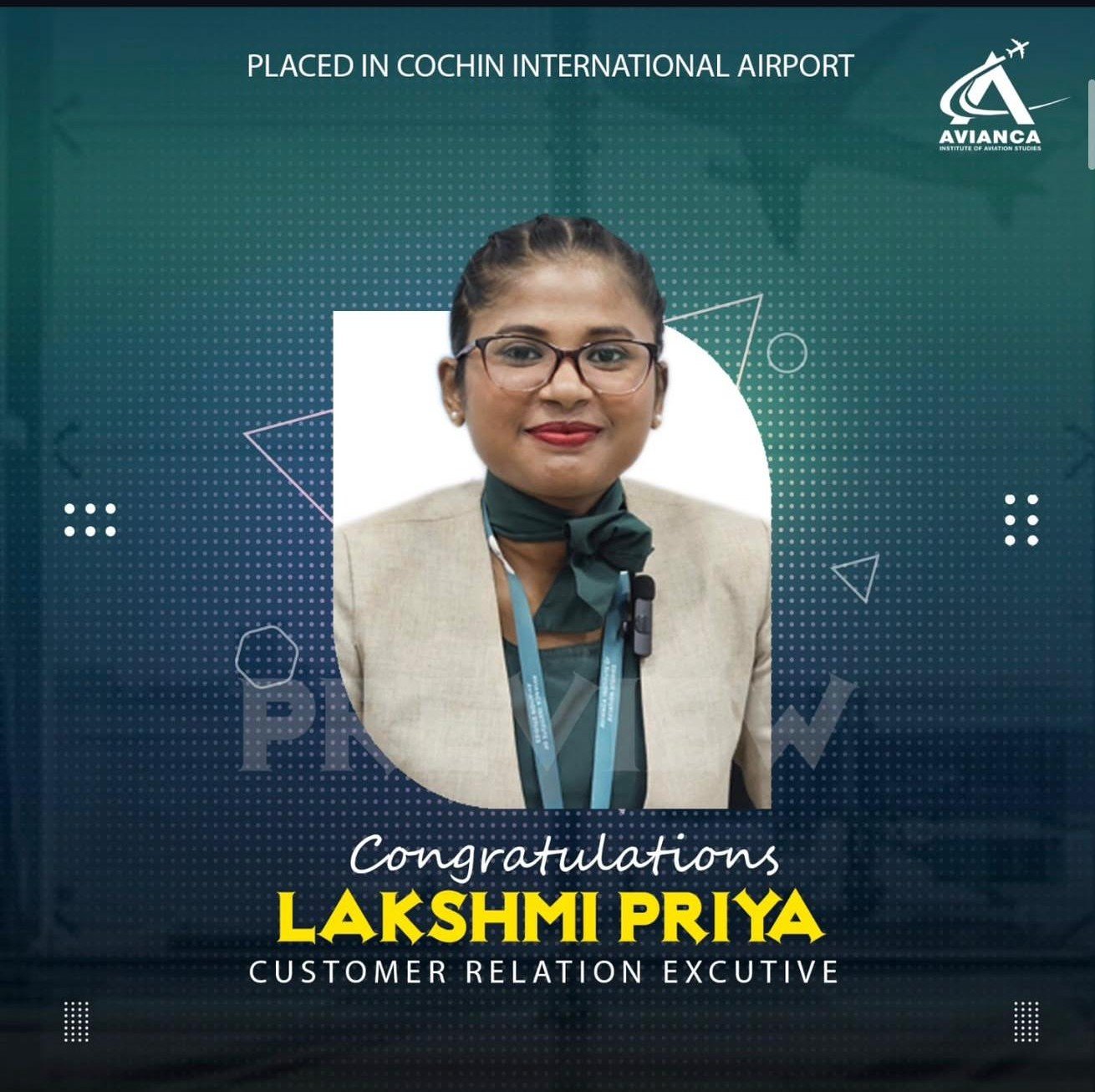 Lakshmi Priya placed in Cochin International Airport from Avianca Aviation Institute Kochi