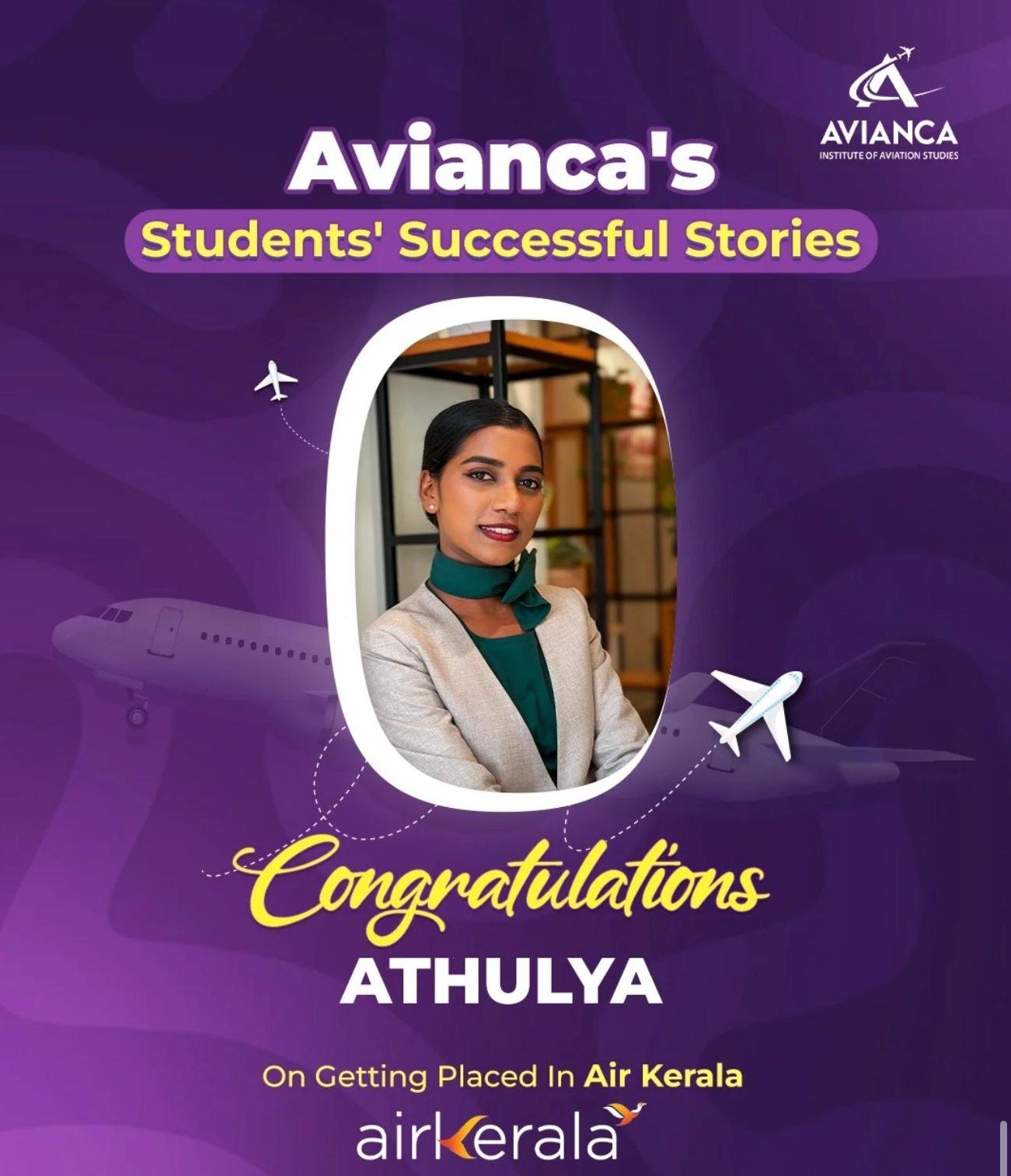 Athulya placed in Air Kerla from Avianca Aviation Institute Kochi