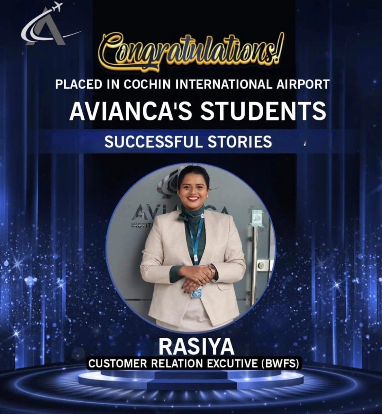 Rasiya placed in Cochin International Airport from Avianca Aviation Institute Kochi