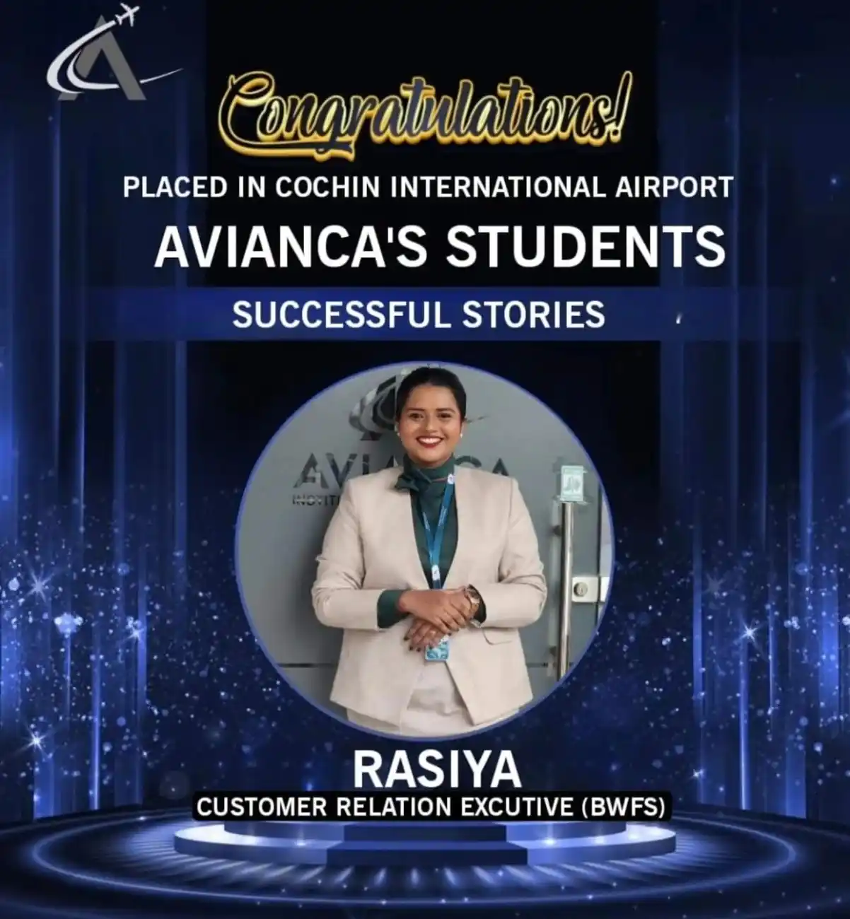 Rasiya placed in Cochin International Airport from Avianca Aviation Institute Kochi